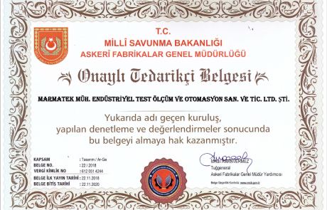 Marmatek adına düzenlenmiş, Milli Savunma Bakanlığı armalı, kırmızı süslemeli çerçeveli sertifika